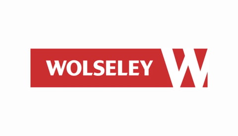 Wolseley company logo featuring red rectangular banner with white text and stylized W symbol