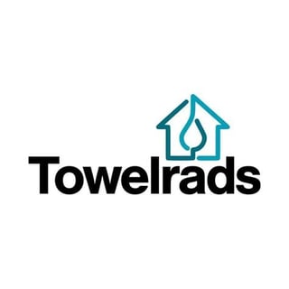 Towelrads logo featuring teal house icon with water droplet symbol and black text
