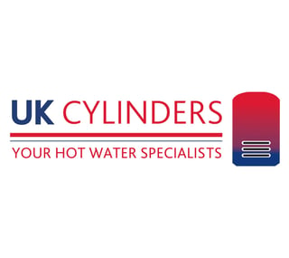 UK Cylinders logo with text Your Hot Water Specialists and a red and blue cylinder graphic