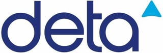 Deta logo with dark blue text and a cyan blue triangle symbol