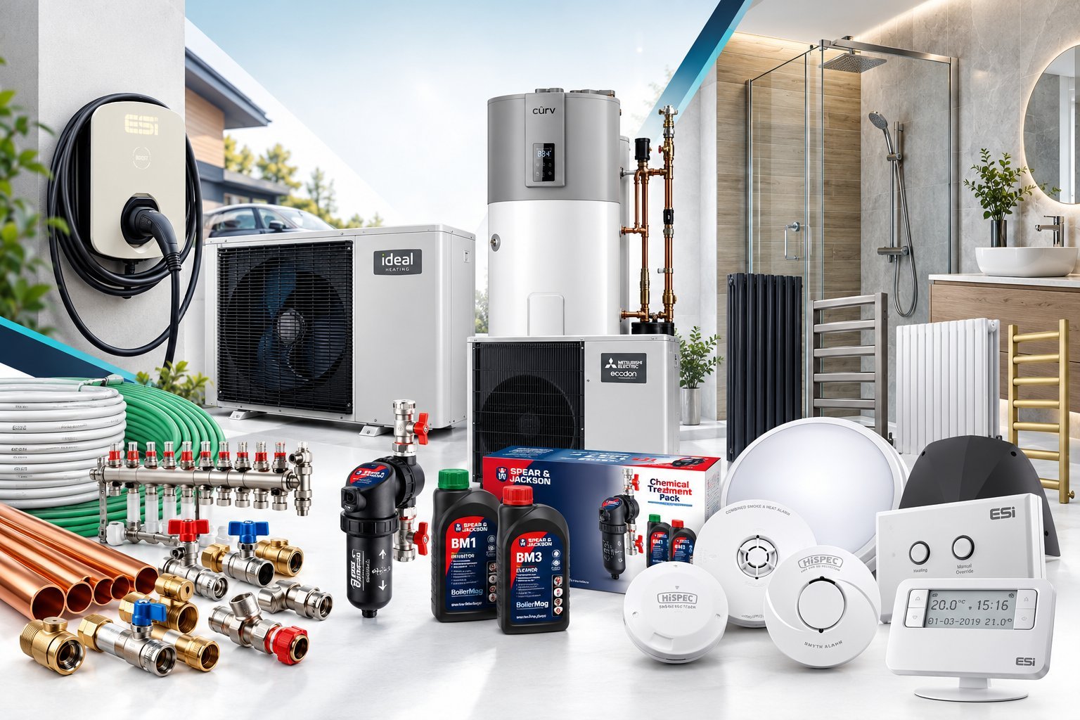 Collection of home heating and cooling equipment including heat pumps, water heater, thermostats, pipes and maintenance products displayed together
