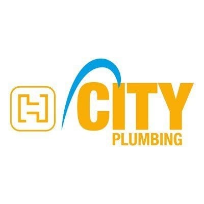 City Plumbing logo with gold square icon and blue pipe accent in yellow and blue lettering