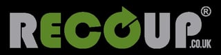 RECOUP logo with green and gray letters and recycling clock icon on black background