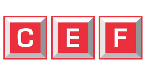 Three red 3D button boxes with white letters spelling CEF